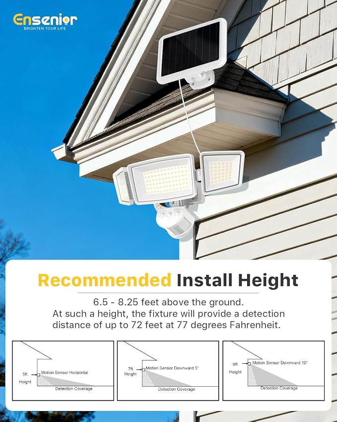 Ensenior Solar Security Lights Wide Beam Flood Light 6500K Super Bright for Driveway Backyard Garden Remote Control Motion Lights Weather-Resistant Exterior Lighting 1800LM Lumen White 2-Pack