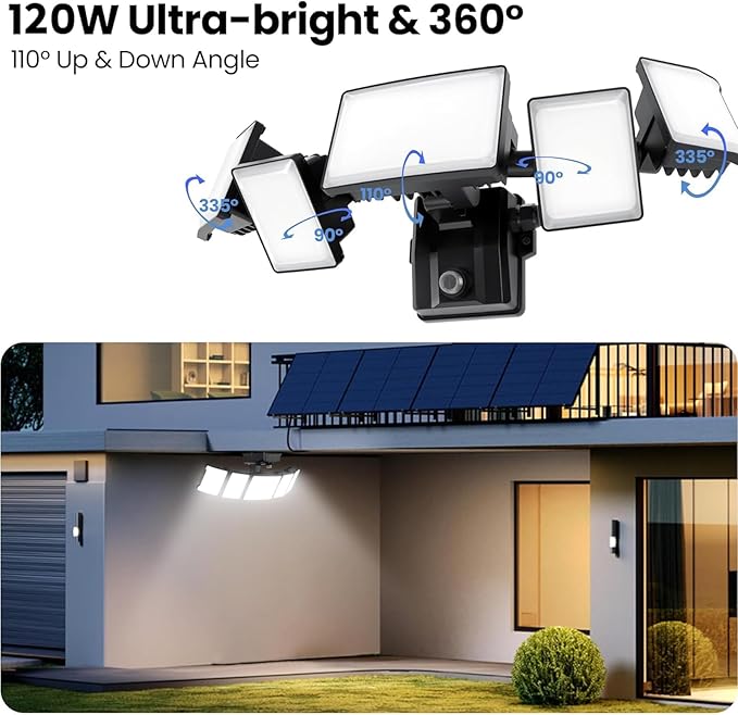 Olafus 120W Plug in Flood Lights Dusk to Dawn LED Outdoor Light with Remote 5 Adjustable Heads IP65 Waterproof LED Security Light with Photocell for Yard Garden Porch Black