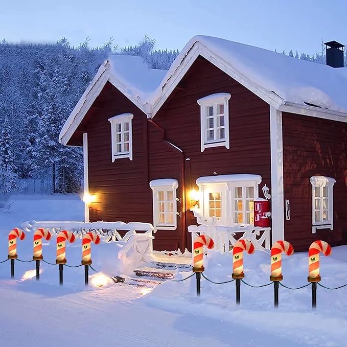 C7 Christmas Pathway String Lights Set of 8 Christmas Candy Cane Driveway Markers with 4 C7 Clear Bulbs Waterproof String Lights for Pathway Decor Outdoor Decoration