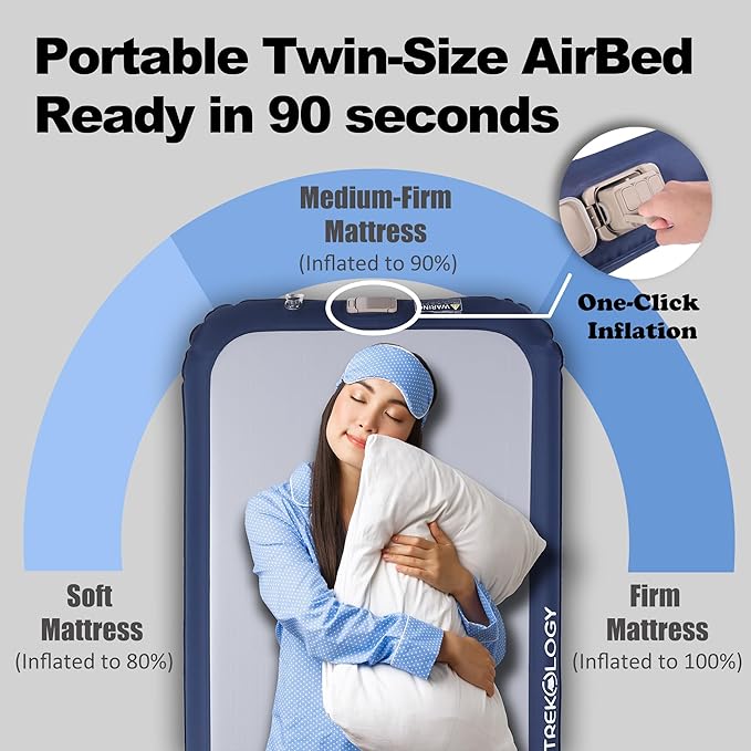 TREKOLOGY Twin Size Air Mattress with Built-in Pump – Quick Inflate Camping Air Bed for Adults &amp Guests – Durable Blow Up Bed with Electric Pump – Inflatable Mattress - Inflates in Only 90 Seconds