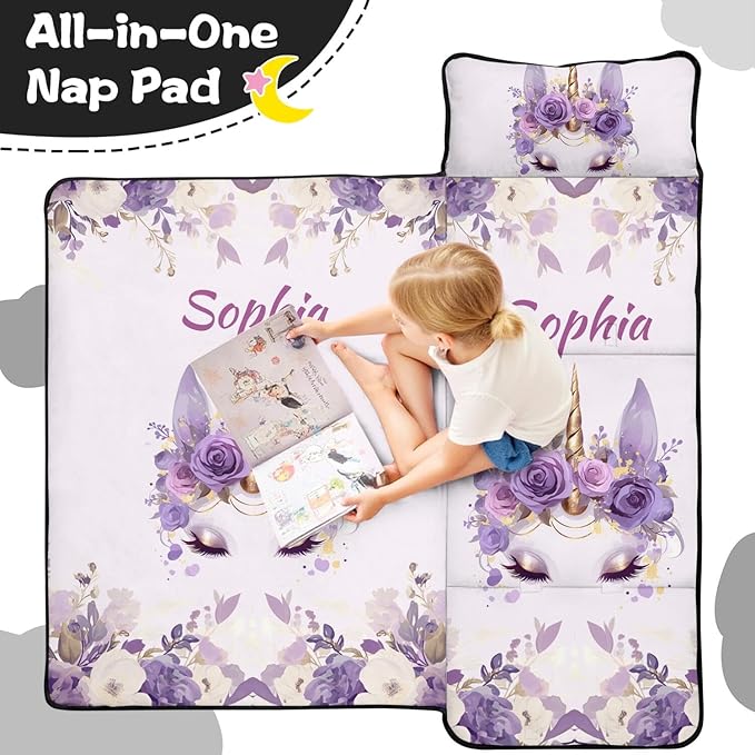 Personalized Toddler Nap Mat – Custom Name Sleeping Bag with Pillow &amp Blanket Roll-Up All-in-One Nap Mats