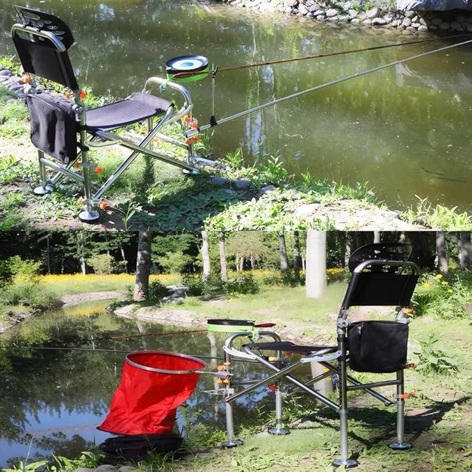 Fishing Chair with Rod Holder Folding Ice Fishing Chair Multi-Functional Stainless Steel Fishing Stool Height Retractable 10.5 Inch Backrest Adjustable 180° with Portable Storage Bag