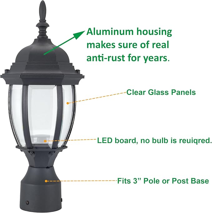LIT-PaTH LED Outdoor Post Lighting Fixture Pole Lantern 9.5W 800 Lumens 5000K Daylight White Aluminum Housing Plus Glass Matte Black Finish 1-Pack
