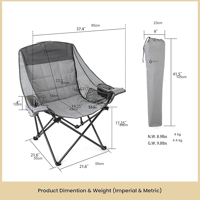 ARROWHEAD OUTDOOR Oversized Folding Camping Chair Heavy-Duty 300 lbs Capacity Adjustable Double Cup Holder Mesh Panels Inner Storage Pockets &amp Carry Bag