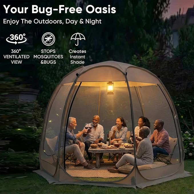 TABU Pop Up Screen House Tent 12x12 FT Screen Room Canopy with Mosquito Mesh Instant UV Resistant Shelter with Carry Bag for 8-10 Person Beige