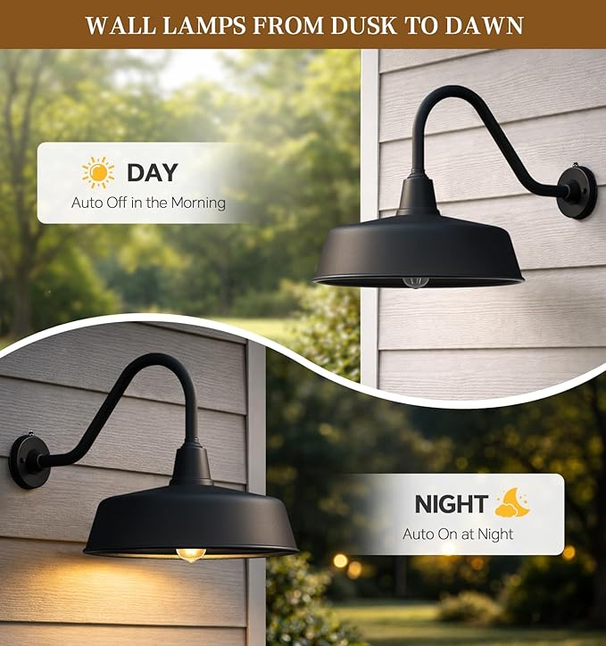 15 Inch Large Extended Arm Outdoor Barn Lights Dusk to Dawn Galvanized Material Waterproof and Rustproof Farmhouse Lighting Fixtures Suitable for Porch Garage Outdoor Gooseneck Lights.