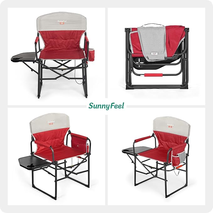 SUNNYFEEL Heated Camping Directors Chair Heavy DutyOversized Outdoor Portable Heating Folding Chair with Side Table Pocket for Beach FishingTripPicnicLawnConcert Foldable Camp Chairs