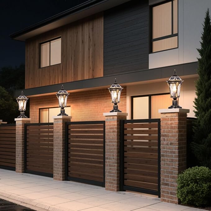 Solar Post Caps Lights for Outdoor 19.29In Black Pillar Lamps with Remote Control Column Lights Waterproof Landscape Pathway Lighting Exterior Fence Deck Caps Lanterns Gate Yard Mailbox Pier Lamps