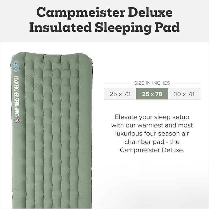 Big Agnes Campmeister Deluxe - Insulated Sleeping Pad Ultralight Inflatable Mat For Camping All Season Compact Backpacking And Hiking 25x78 Wide Long