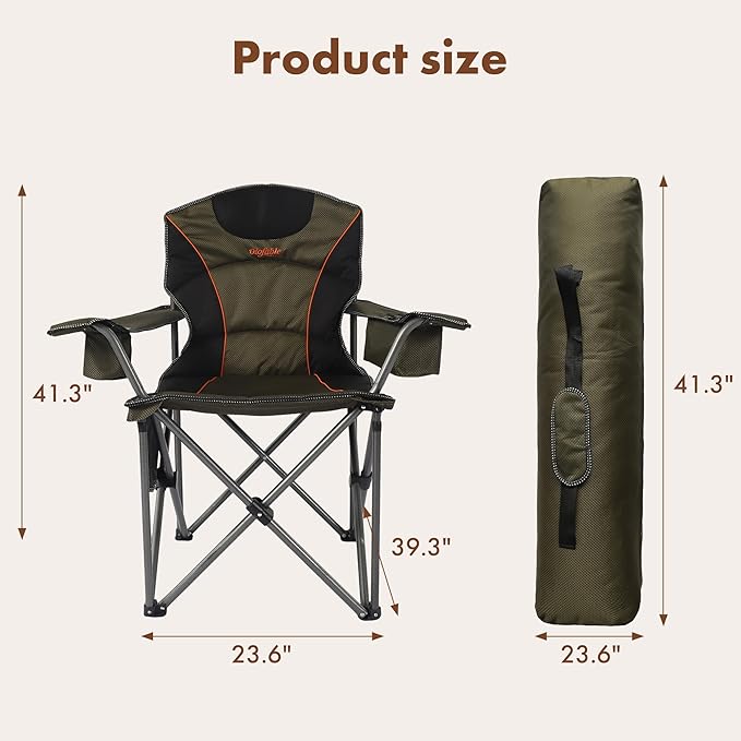 Oversized Camping Chair Heavy Duty Steel Frame 450 LBS Capacity Collapsible Padded Arm Chair with Cup Holder Lumbar Support Portable for Outdoor Garden Beach Home (1 Green)