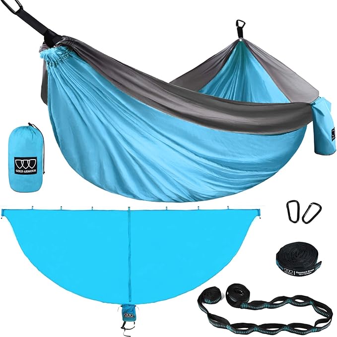 Gold Armour Camping Double Hammock with Mosquito Net Set (Removable) - Double Parachute Hammock USA Based Brand Lightweight Adults Kids Camping Accessories Gear (Light Blue &amp Gray)