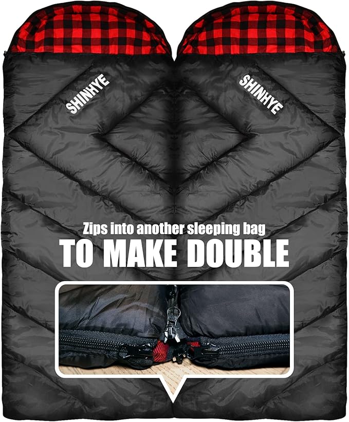 ShinHye 0 Degree Sleeping Bag for Adults - Cotton Flannel 4 Season Cold Weather Winter XXL Big and Tall Camping Sleeping Bag with Compression Sack