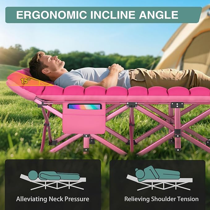 ZENPETIO Oversized XXL Folding Camping Cot Heavy Duty Sleeping Cot for Adults with Mattress and Pillow Portable Cot Bed with Carry Bag for Outdoor Camp Travel Home Guest Office Pink