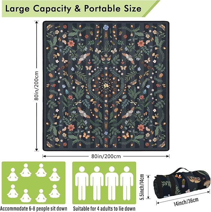 Mushroom Picnic Blankets Waterproof Foldable 80″X80″ Extra Large Picnic Mat Insect Outdoor Blanket for Grass Packable Beach Blanket Sandproof Picnic Accessories for Camping Music Festival Park Lawn