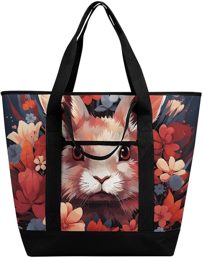 Insulated Shopping BagLarge Reusable Cooler Bags Easter Bunny Printed Foldable Shopping BagTravel Waterproof Shoulder Bag