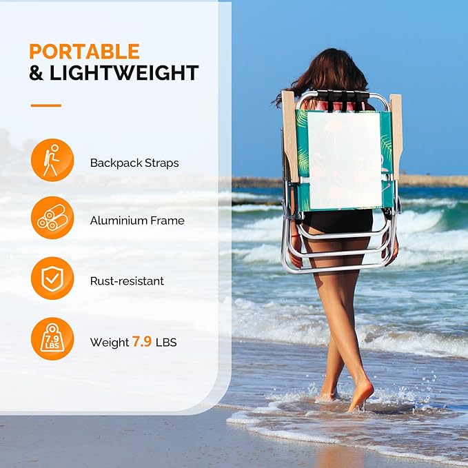 Bonnlo Lightweught 17 Backpack Beach Chair Tall Beach Chairs for Adults Portable with Adjustable Straps 3-Position Reclining Cup Holder High Beach Chairs for Beach