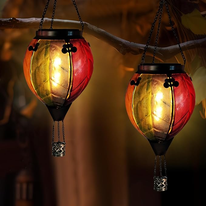 Glass Solar Hot Air Balloon Lantern with Flame Hanging Garden Flickering Light Outdoor Waterproof for Yard Patio Tree Mother's Day Gift Colorful