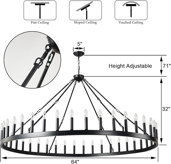 64 Inch Black Extra Large Wagon Wheel Chandelier 42-Lights Farmhouse Industrial Round High Ceiling Pendant Light Adjustable Chain for Dining Room Living Room