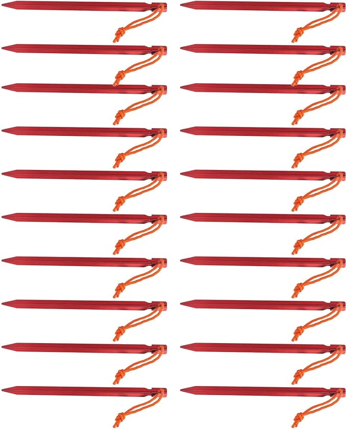 20pcs V Shape Heavy Duty Tent Stakes with Ropes Aluminum Alloy Tent Pegs for Camping Canopy 9 Inch Long Outdoor Tent Garden Stakes for Secure Ground Penetration in All Soil Types (Red)