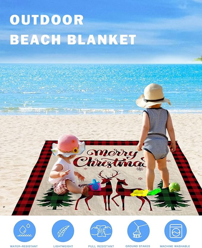 Beach Blanket Waterproof Sandproof Christmas Animal Elk Tree Winter Snowflake Quick Drying Beach Mat with 4 Stakes Red Green Buffalo Grid Shadow Lightweight Picnic Blanket for Travel 95x80