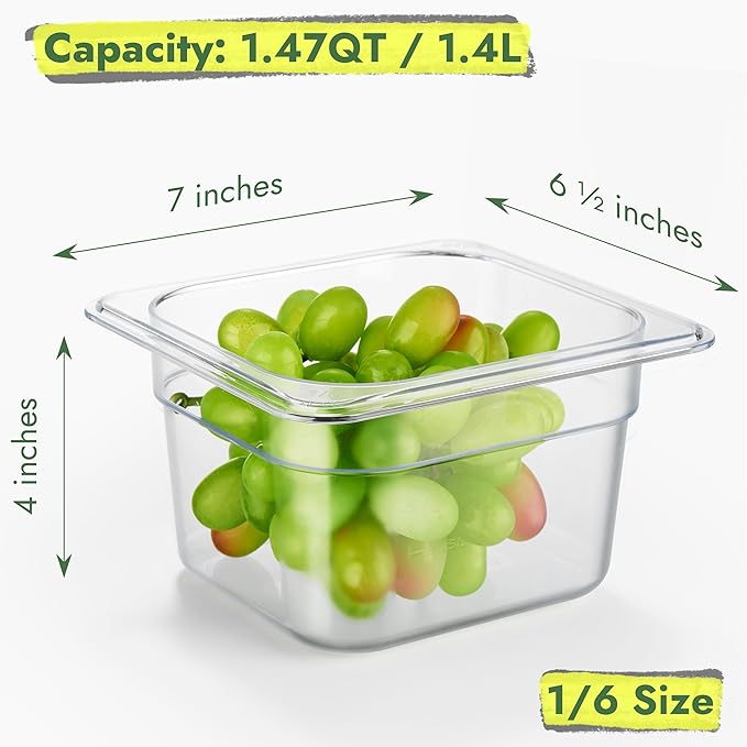 CURTA 12-Pack 1/6 Size 4 Deep NSF Polycarbonate Food Pan with Notched Lid &amp Drain Tray | Dishwasher &amp Freezer Safe Clear Container for Prep Tables Buffet Salad Bar Commercial Kitchen