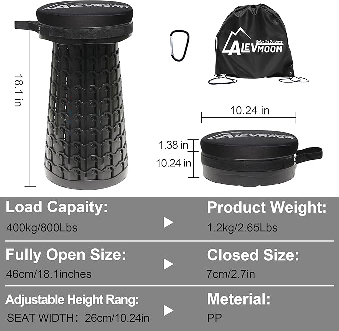 Upgraded Collapsible Stool with Cushion 880Lbs Max Weight Portable Folding Height Adjustable Lightweight Retractable Telescoping Stool for Camping Outdoors Fishing Hiking Travel BBQ with Carry Bag