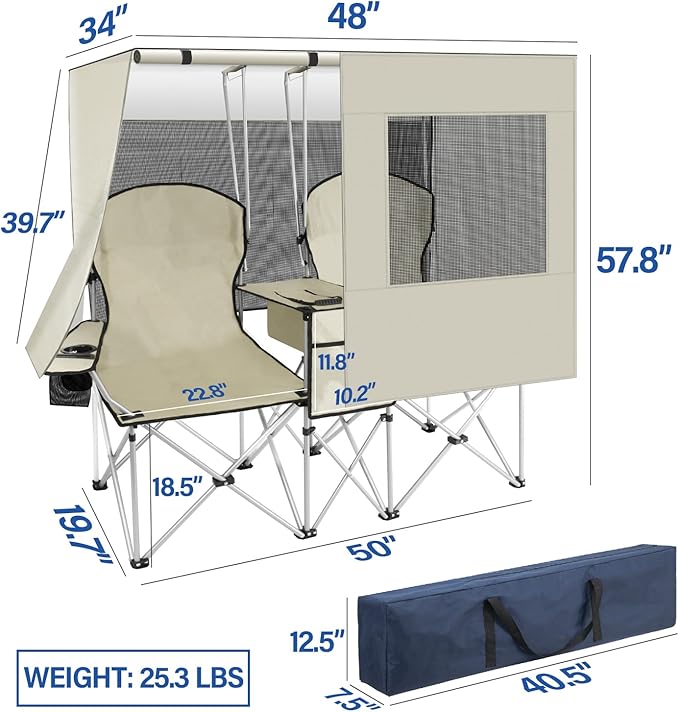 PLKO Portable Double Camping Chair with Canopy ShadeHeavy Duty Beach Chairs for AdultsFolding Beach Chair with Cooler Bag for Sports Backyard Fishing Outside（White）