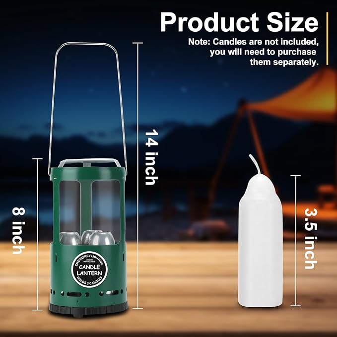 Candle Lantern Camping Gear for Campers and Emergency Use Without Candles (Green)