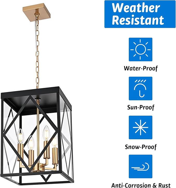 Outdoor Pendant Light for Porch 4-Light Modern Metal Exterior Hanging Lantern Pendant Light Outside Chandelier Black with Clear Glass or Front Porch Entrance Foyer Entryway Brass Socket