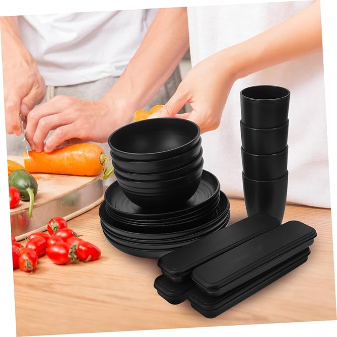 4sets Camping Utensil Black Picnic Dish Fork Spoon Knife Bowl Cup Reusable Compact Storage Case
