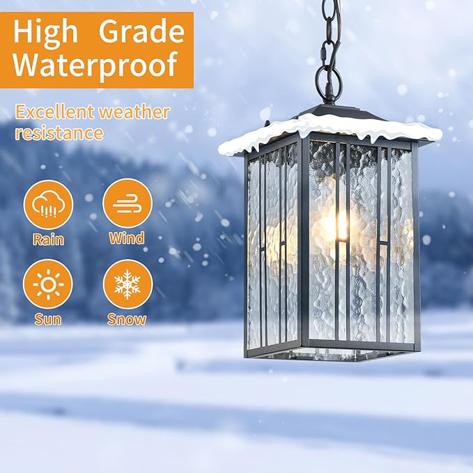Outdoor Pendant Light Black Exterior Hanging Lights LED Outdoor Chandelier Modern Hanging Lantern for Porch Ceiling Entry Porch Patio Matte Black with Water-Rippled Glasses