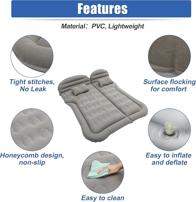 X AUTOHAUX Car SUV Air Mattress Camping Bed Cushion Pillow Flocking Mattress with Electric Air Pump Portable Sleeping Pad Universal Inflatable Thickened for Travel Camping Gray