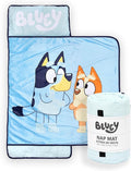 Jay Franco Kids Nap Mat with Embedded Pillow &amp Blanket – Soft 46x20 Microfiber Sleeping Bag with Name Tag &amp Handle for School Travel Sleepover Blue - Bluey