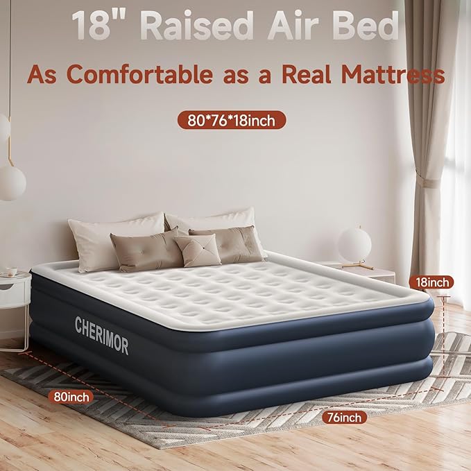 King Size Air Mattress with Built-in Pump 18in Raised Heavy Duty Inflatable Bed 1000lbs Maxs Fast Inflatable Blow up Mattress with Carry Bag Air Bed for Camping Sleepover Guest Room