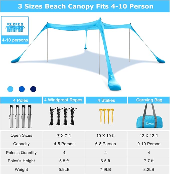 COMMOUDS Beach Tent Sun Shelter - UPF50+ Pop Up Beach Canopy with Sandbags &amp Sand Shovel &amp Windproof Poles Portable Sun Shade for Beach Camping Picnics Backyard