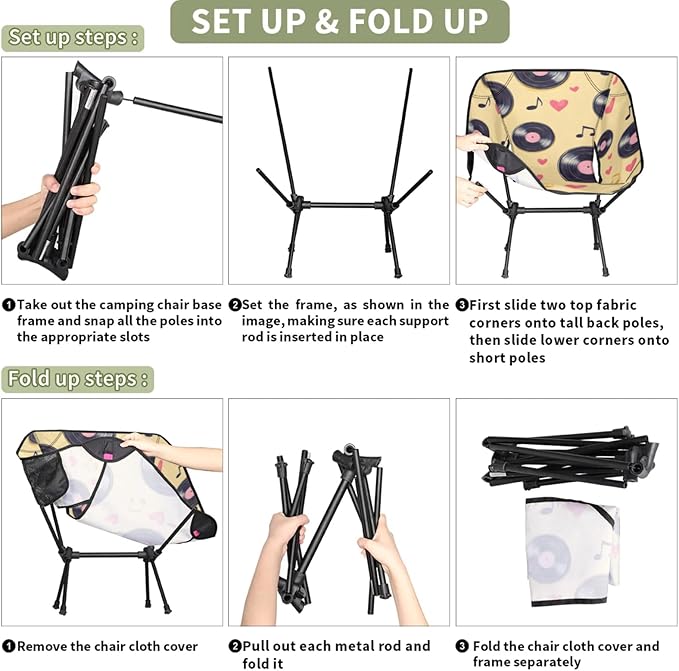 Folding Camping Chair Music Love Heart Camping Chairs Lightweight Portable Chair Outdoor Foldable Chairs for Camping Travel Picnic Beach Hiking