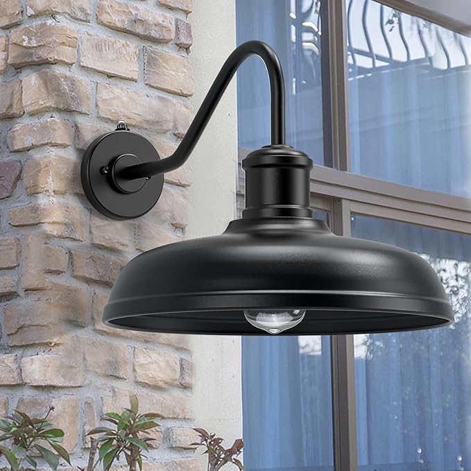 16 Inch Dome Dusk to Dawn Gooseneck Barn Light Outdoor Large Farmhouse Exterior Light Fixture Wall Mount Industrial Outdoor Wall Sconce Outside Lantern for House Porch Garage Entryway Black