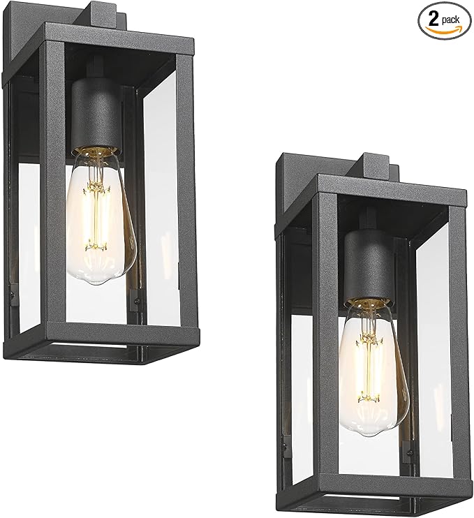Outdoor Wall Sconce Light 13 Black Outdoor Wall Lantern with Clear Glass Weather Resistant Porch Light for House E26 Base Exterior Lighting Fixture for Garage Entryway Patio (Black 2 Pack)