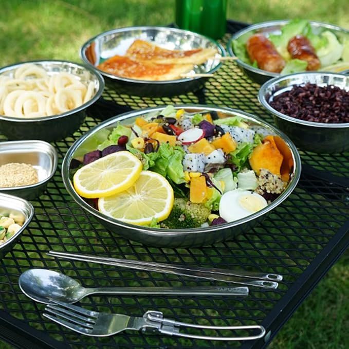 Portable Outdoor Camping Tableware Food-Grade Stainless Steel Plates Bowls Cutlery with Storage Bag Lightweight Compact Dining Tools for Hiking Picnic Rv and Travel