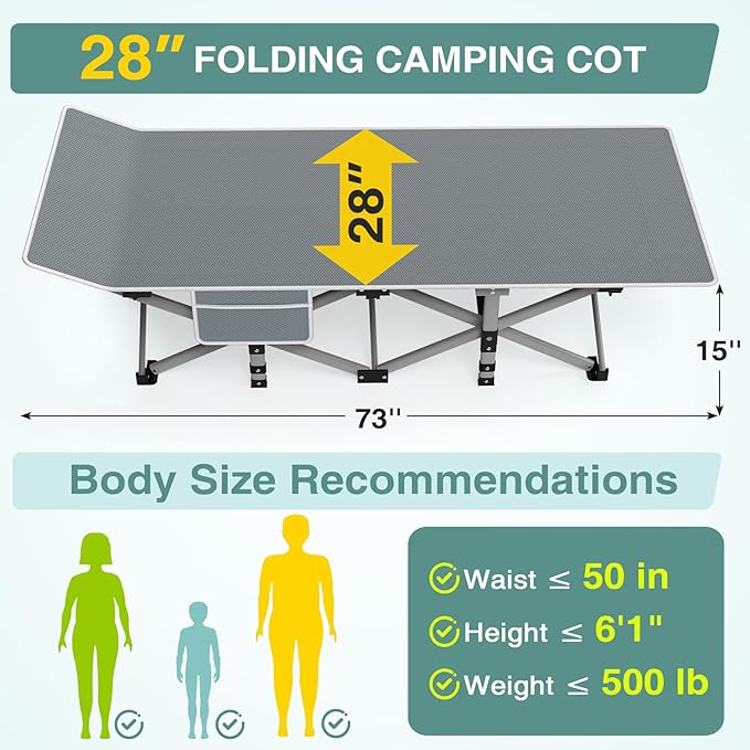ZENPETIO Camping Cot for Adults Heavy-Duty Portable Cot Bed with Mattress Foldable Padded Sleeping Cots for Camping Travel Tent Day Bed Outdoor &amp Home Guest Max Load 500 LBS 75x28x15”