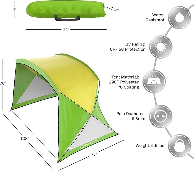 Beach Tent - Sun Shelter for Shade with UV Protection and Water-Resistant Coating for Sports Events and More with Carry Bag by Wakeman Outdoors