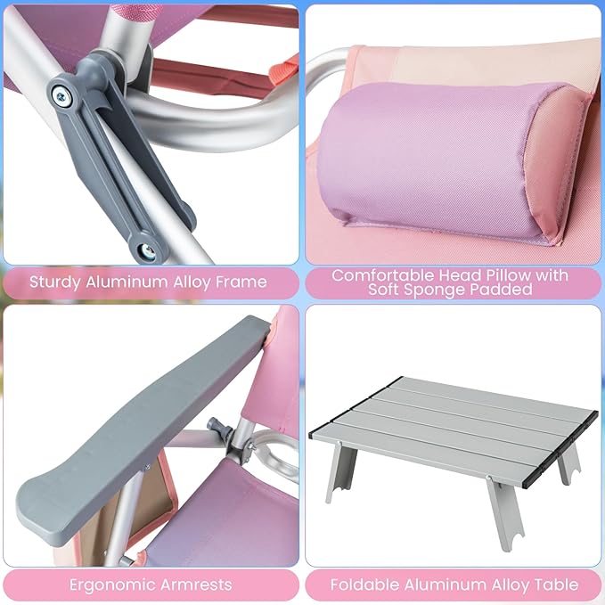 GYMAX Beach Chairs Backpack Camping Chair with Armrest Cooler Bag Cup Holder Towel Bar &amp Side Pockets Sunbath Sling Tanning Lounge Folding Layout Chair (with Table Pink)