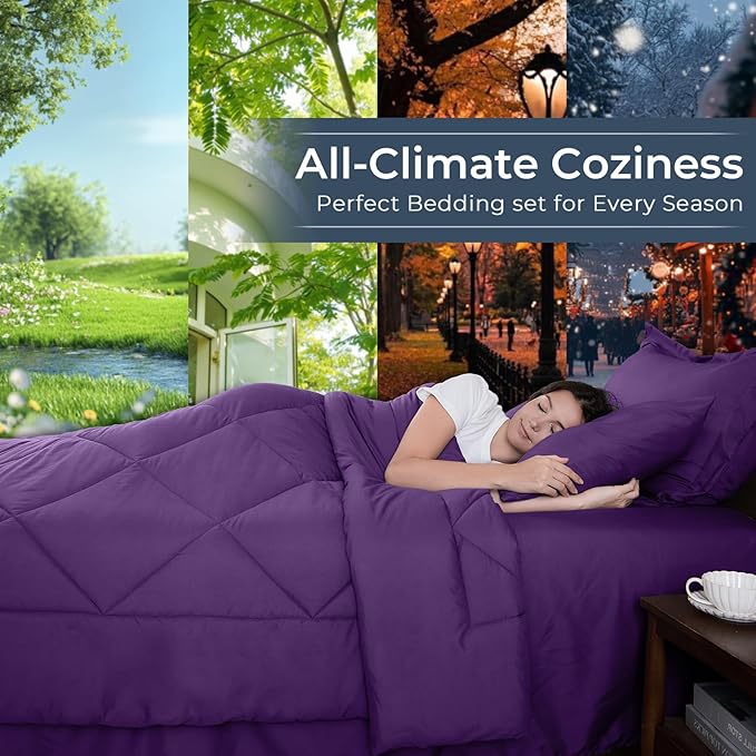 HEVUMYI Purple King Comforter Set - 7-Piece All Season Bed in a Bag King Ultra Soft Bedding Set with Comforter Flat Sheet Fitted Sheet Pillowcases Pillow Shams