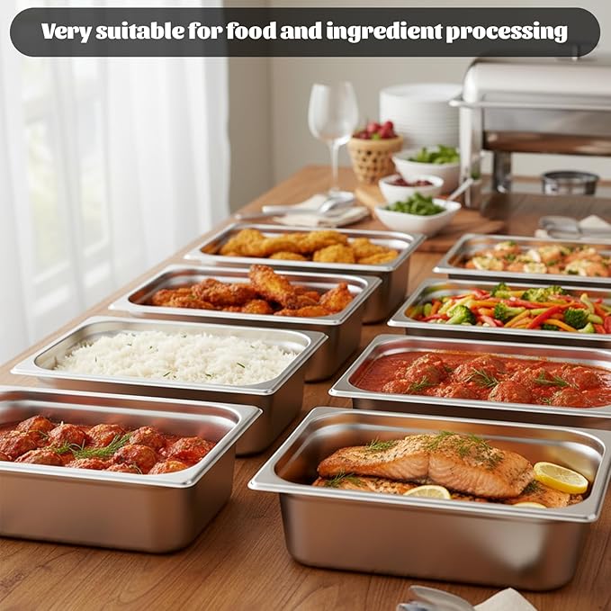 6 Pack Hotel Pans Steam Table Pan 1/2 Size 4 Inch Deep Stainless Steel Steam Table Pans Catering Food Pan Breading Tray for Chafing Dishes Buffet Restaurant
