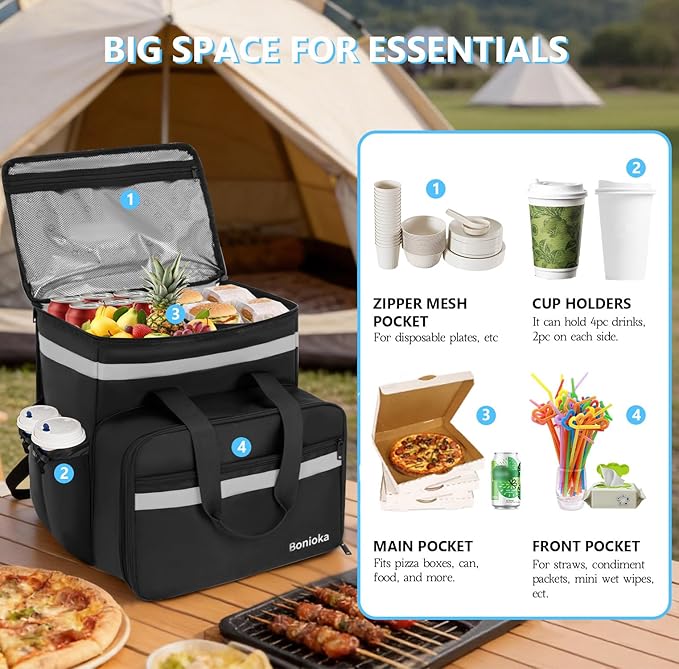 Food Delivery Bag Expandable Delivery Backpack with 4 Cup Holders Large Insulated Pizza Bag for Hot/Cold Food Reflective Bike Courier Backpack Fits Uber Eats DoorDash Grubhub Camping Black