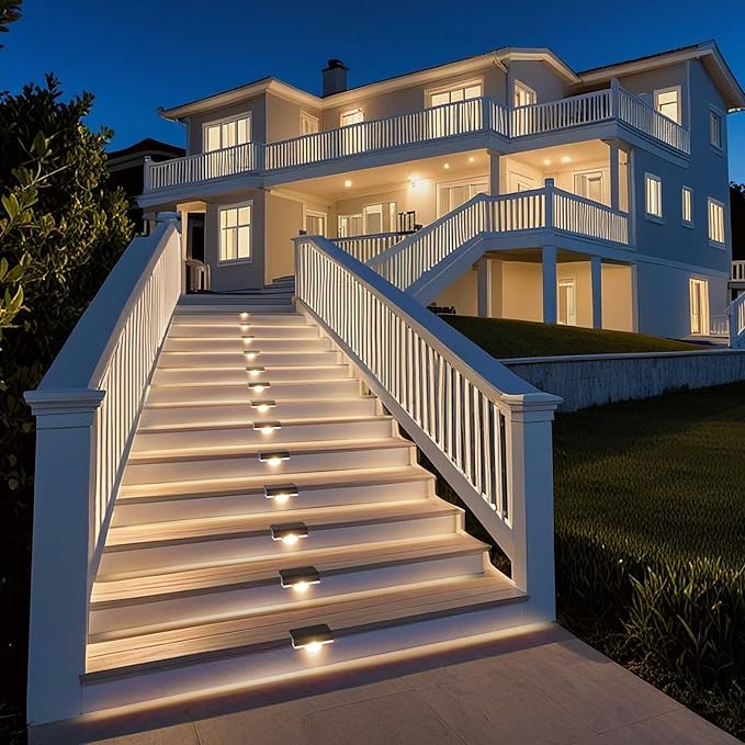 Solar Stair Lights Outdoor Waterproof 8 Pack Solar Step Lights for Outside Warm White Deck Lighting for Step Stair Porch Railing Patio Yard Front Door Sidewalk Poolside Balcony