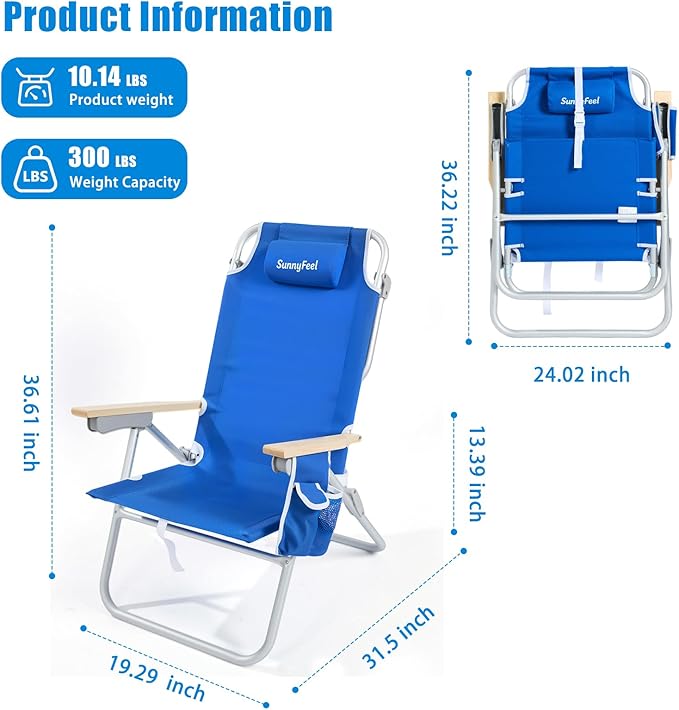 SUNNYFEEL Tall Beach Chair Reclining Beach Chair with 5-Position Portable Camping Chair for Adults with Wood Armrest Lightweight Camping Chair 300 lbs Heavy Duty Blue 2 Pack