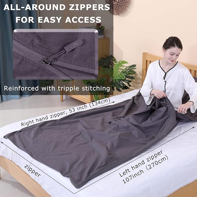 100% Cotton Sleeping Bag Liner with Full Length Zipper on 3 Sides Single/Double Adult Sleep Sack for Travel &amp Camping Multifunctional Travel Sheets (Unzipped 87”x87”) for Hotel Lightweight