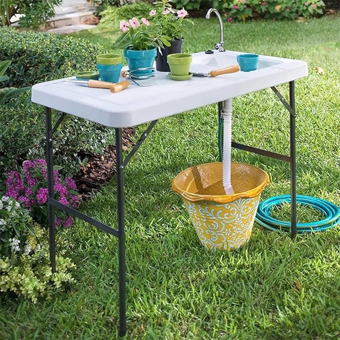 Folding Fish Cleaning Table with Sink – 4FT Portable Camping Sink &amp Fillet Station Outdoor Sink w/Faucet &amp Hose Hookup for Fishing Dock Beach Kitchen Patio Picnic