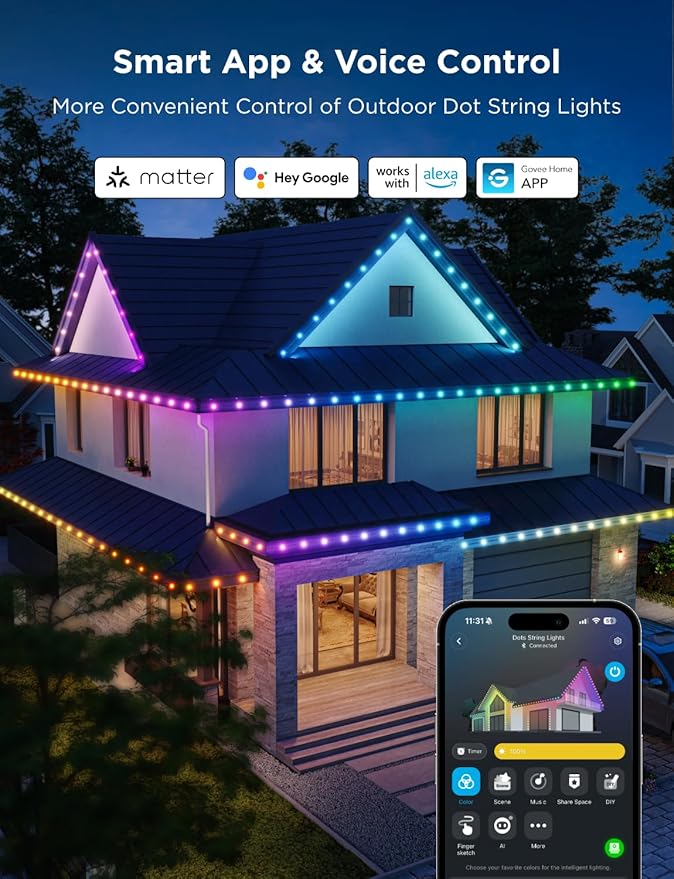Govee Outdoor LED Strip Lights 45 RGBIC LED Lights 50FT String Lights with 65 Scene Modes Halloween Decoration Work with Alexa Google APP Control IP65 Waterproof